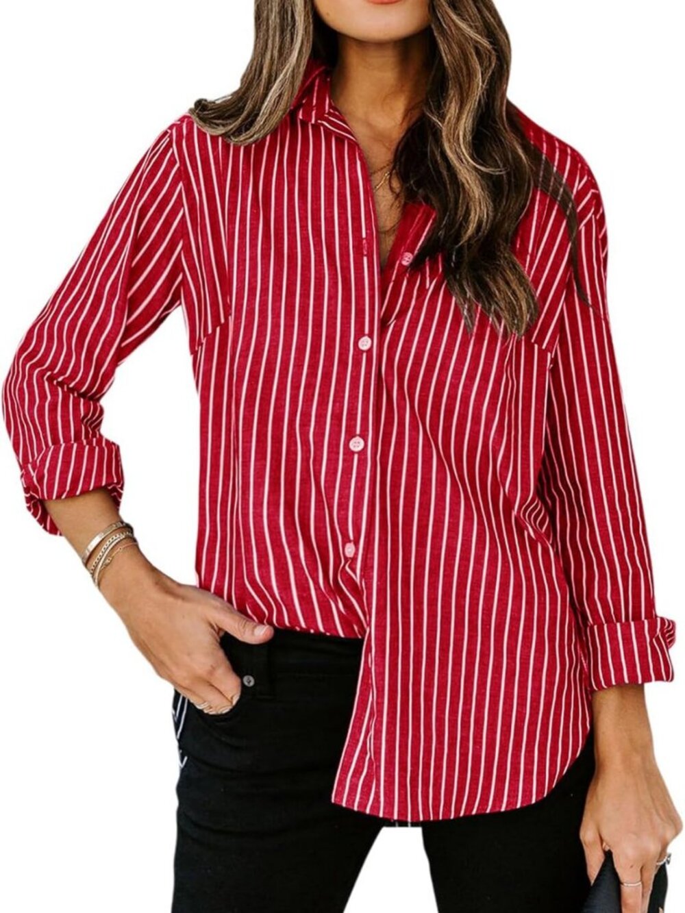 Chic Striped Button Down Shirt for Women | Cotton Long Sleeve Work Blouse